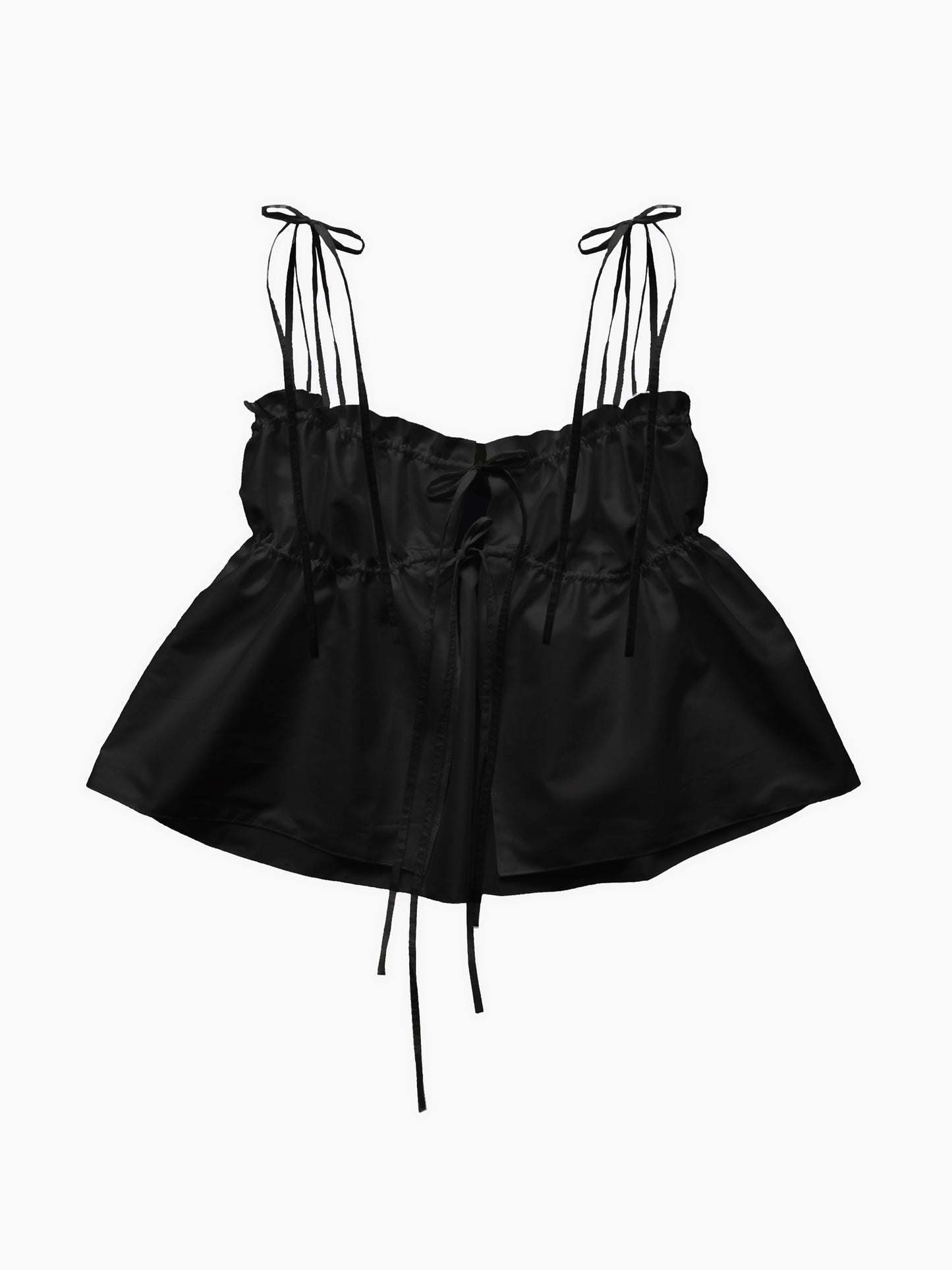 A black cotton satin ruffled top with thin shoulder straps, a gathered ruffled bodice, shown against a plain light grey background.